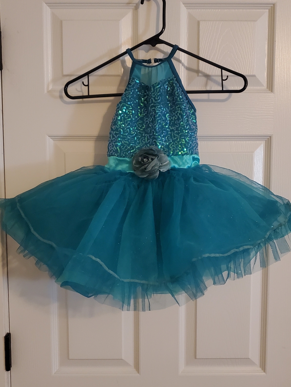 Teal Sequin Tutu Costume Dress with Flower Accent